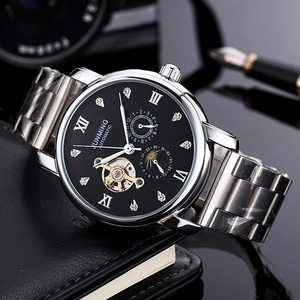 Orologio automatico da uomo in acciaio inossidabile con quadrante nero e numeri romani