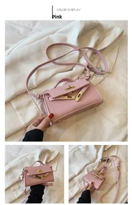 Detailed views of pink lychee pattern girl's handbag with golden lock and shoulder strap