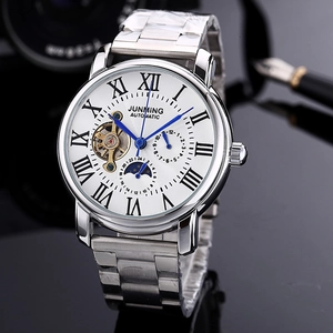 Men Automatic Mechanical Watch Stainless Steel Band Waterproof Moon Phase Skeleton Roman Numeral Business Wristwatch