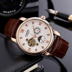 Men's automatic rose gold watch with brown leather strap and white roman numeral dial