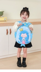 Detail of 3D mermaid shell backpack for kids with fin decor and durable zipper handle