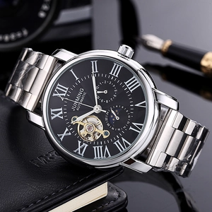 Men's automatic mechanical watch with silver stainless steel strap and roman numerals