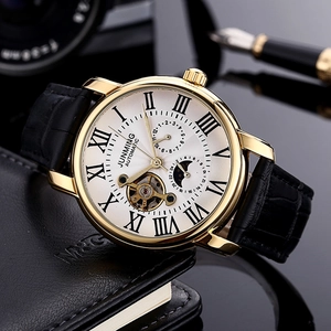 Montre automatique dorée pour homme avec bracelet cuir noir et affichage phase de lune