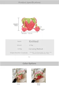 Detailed size chart for handmade knitted strawberry crossbody bag with dimensions