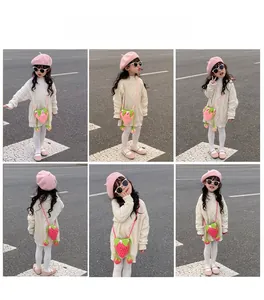 Detail shots of a pink crochet strawberry crossbody bag for kids with cute berry pendants