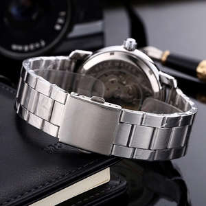 Waterproof silver automatic mechanical watch for men with steel band and roman numerals