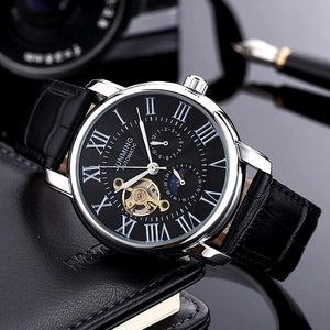 Men's automatic mechanical watch with black leather strap and open-heart skeleton dial