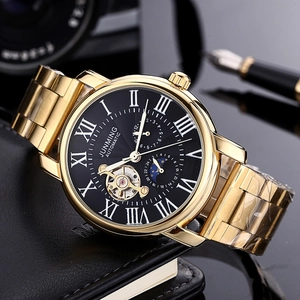 Men's automatic gold stainless steel business watch with Roman numerals and moon phase