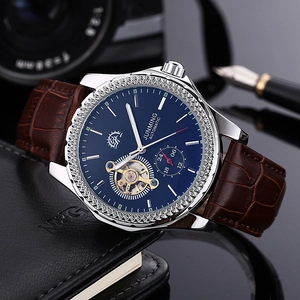 Men's automatic mechanical watch with blue dial, silver steel case, and brown leather strap