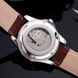 Fashion waterproof automatic mechanical watch for men with brown leather strap