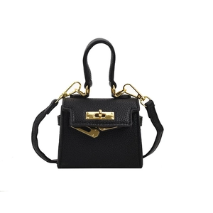 Classic black lychee pattern leather girls mini handbag with gold metal lock closure