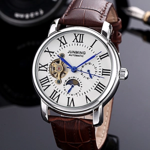 Men's Automatic Mechanical Watch Business Luxury Waterproof Leather Strap Roman Numerals Moon Phase Skeleton Dial