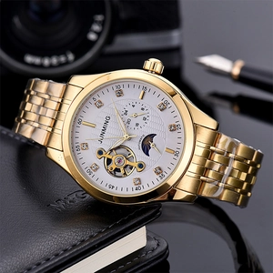 Luxury gold stainless steel automatic watch with moon phase and open-heart movement