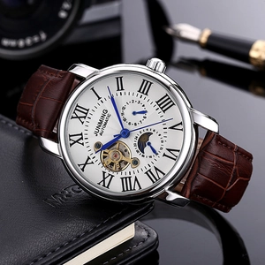 Men's automatic mechanical watch with brown leather strap and open heart dial display