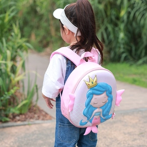Pink cartoon mermaid hard shell backpack for girls with 3D fins and gold crown