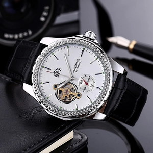 Men's automatic mechanical watch with silver diamond bezel and black leather strap