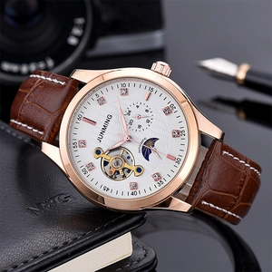 JUNMING Automatic Mechanical Men's Watch with Moon Phase and Brown Leather Strap