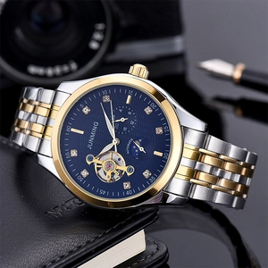 Luxurious men's automatic mechanical watch with two-tone steel band and moon phase dial