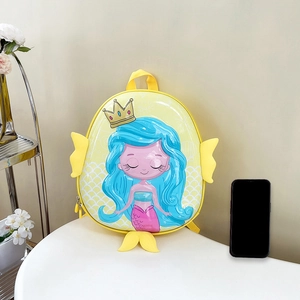 Cute yellow mermaid hard shell backpack for kids 2-5 years with 3D fins and tail