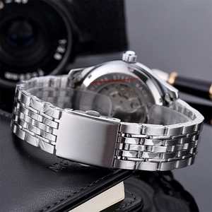 Detail view of the stainless steel back with transparent window for automatic movement
