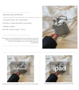 Detailed size chart of silver rhinestone mini bag with crossbody chain for girls