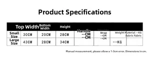 Size guide table for cute bear canvas tote bags showing small and large dimensions
