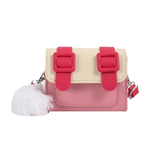 Sacoche rose et blanc pour filles avec pompon en peluche et bandoulière réglable