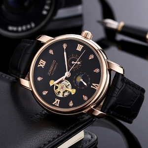 Men's automatic mechanical watch with rose gold case, moon phase, and black leather strap