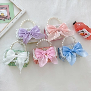 Kids Mini Tweed Crossbody Bag Large Ribbon Bow Artificial Pearl Handle Sequin Fashion Elegant Shoulder Handbag For Girls