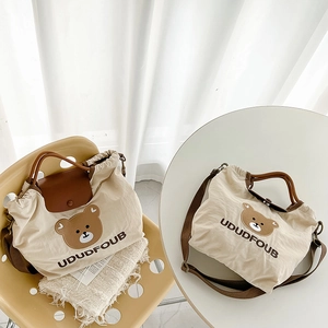 Cute bear canvas tote bag for toddlers with adjustable straps and drawstring closure