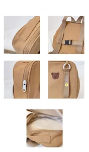 Détails du sac à dos en toile marron avec broderie ours et fermetures éclair robustes