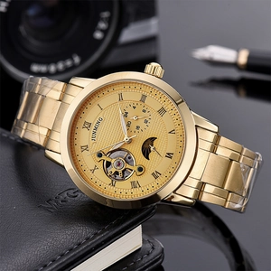 Gold automatic mechanical business watch with Roman numerals and open-heart dial