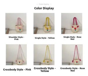 Detail display of kids woven straw bags in pink, yellow, and rose red with flower decor