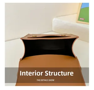 Interior structure of the brown PU backpack with black lining and magnetic buckles