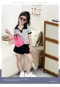 Close-up of girls stylish grey polo top and black pleated skirt with pink mini handbag