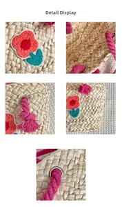 Detailed views of handmade straw bag with 3D floral embroidery and pink tassels