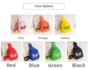 Kids mini canvas chest bags in seven bright colors with adjustable straps and lettering