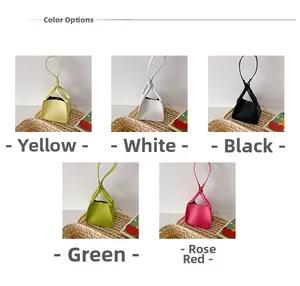 Detail display of mini PU handbags in yellow, white, black, green and rose red colors