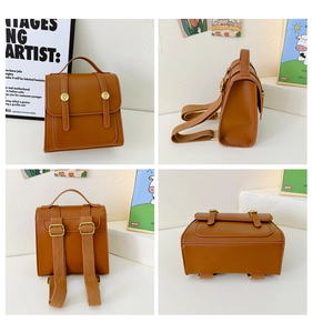 Multi-angle view of vintage brown PU leather kids backpack with golden circular buckles