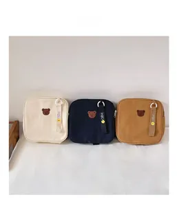 Détail de la broderie ours et des sangles imprimées sur mini sacs à dos en toile