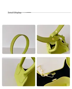 Detailed views of lime green pebbled leather mini bag with gold hardware and chain strap