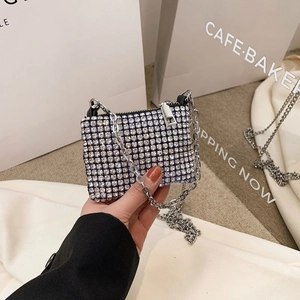 Girls Mini Rhinestone Crossbody Bag Shiny Silver Chain Shoulder Handbag For Kids Party Daily Fashion Square Purse