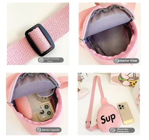 Detail of pink canvas chest bag featuring adjustable strap and internal storage capacity