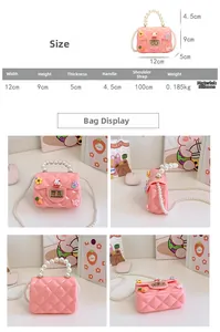 Tableau des tailles pour sac à main enfant en silicone rose avec bandoulière perle