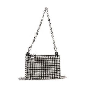Sparkling silver mini rhinestone handbag for girls with metallic chain shoulder strap