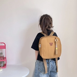 Sac à dos en toile kaki avec broderie ours pour garçons et filles de 3 à 6 ans