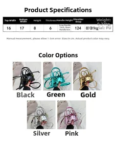 Detailed size chart and multi-color options for the mini PU leather shell crossbody bag