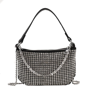 Sparkly black rhinestone girls mini handbag with silver chain and top handle