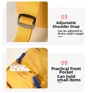 Detail of yellow kids sling bag showing adjustable strap and functional zipper pocket