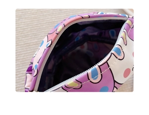 Detail des hochwertigen Reißverschlusses und Cartoon-Canvas-Futters der Kindertasche